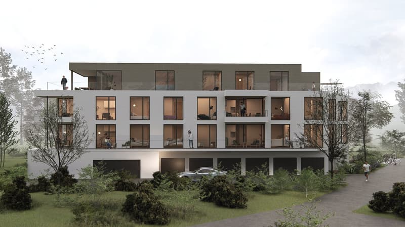 3 story building, grey upper floor, white lower floor, glass walls, balconies on each floor, car in front, trees in the background, people walking on the road