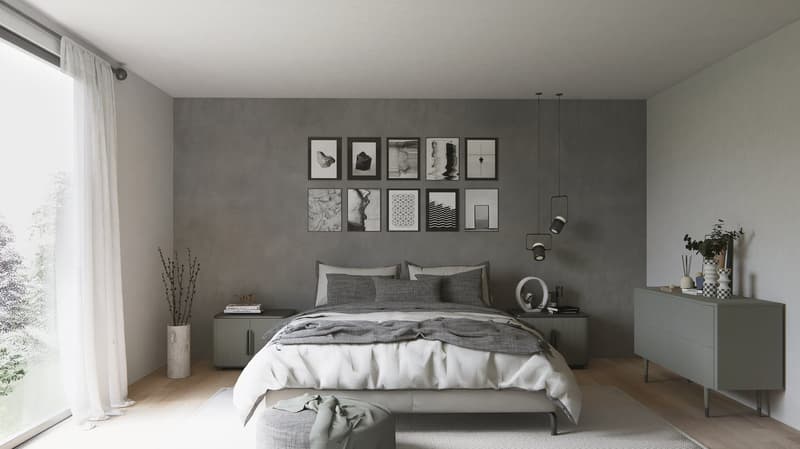 Bedroom with gray walls, wooden floor, white bedding, pendant lights, artwork, nightstands, rug, and a vase. Full-length window with white curtains.