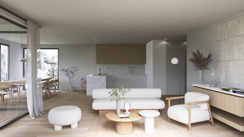 Open floor plan, living room with white couch, coffee table, wooden floor, gray walls, kitchen with marble countertops, dining area with wooden table and chairs, decorative plants, modern decor, wooden side table, pendant light