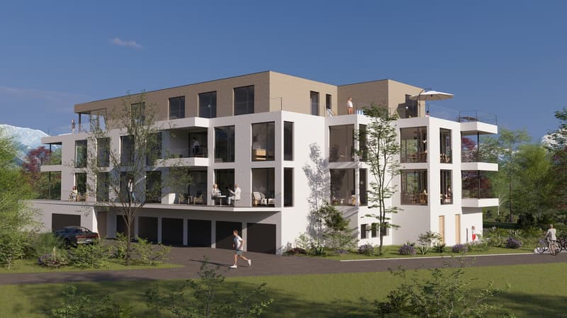 Apartament building with multiple balconies, three floors, garage, cars parked, people walking on street, greenery, trees, and mountain view