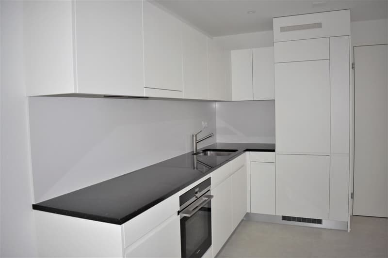 White kitchen with cabinets, black countertop, sink, oven, modern faucet, dishwasher