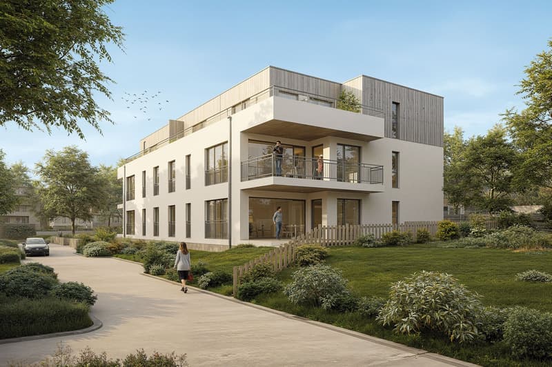 modern white building, multiple stories, balcony, large windows, tree covered area, well maintained landscaping