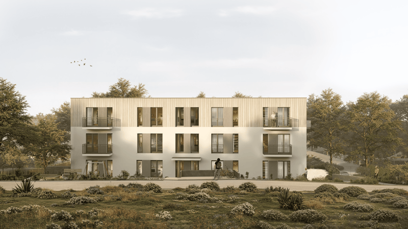 3 story building, white exterior, multiple balconies, modern design, surrounded by greenery