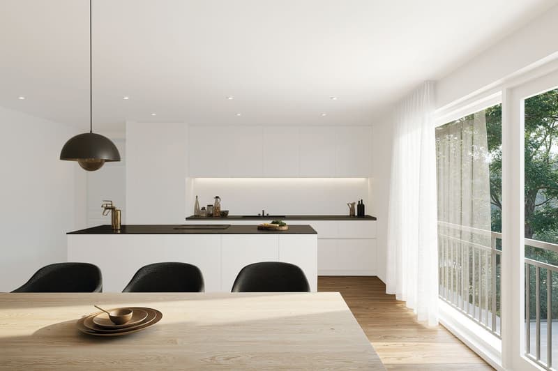 Modern kitchen with white cabinets, black countertops, wooden dining table, hanging pendant light, balcony with glass railings, open floor plan
