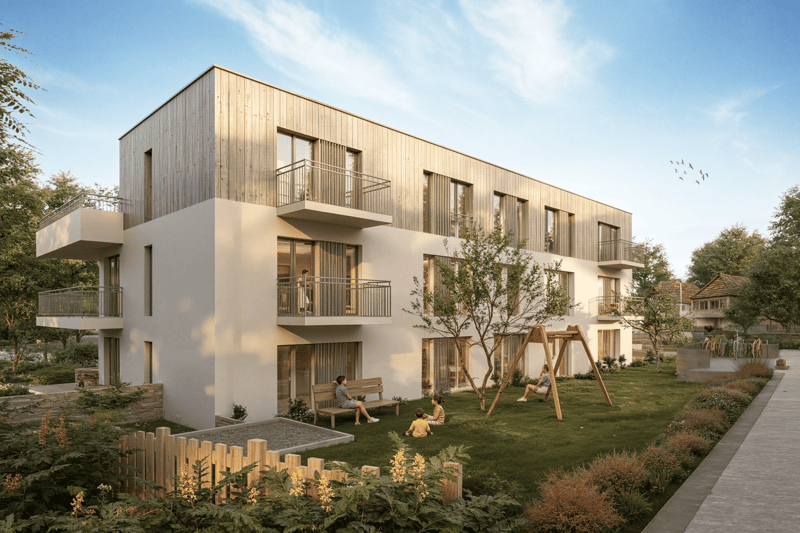 modern design, white exterior, wooden balconies, large windows, garden, playground