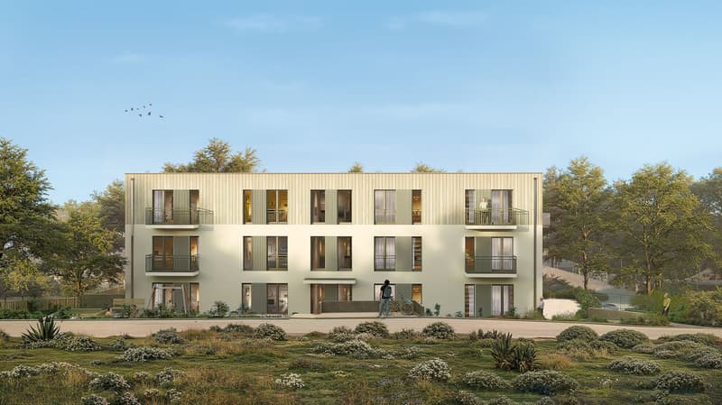 4 stories building, white exterior, glass windows, balconies, greenery, wide road