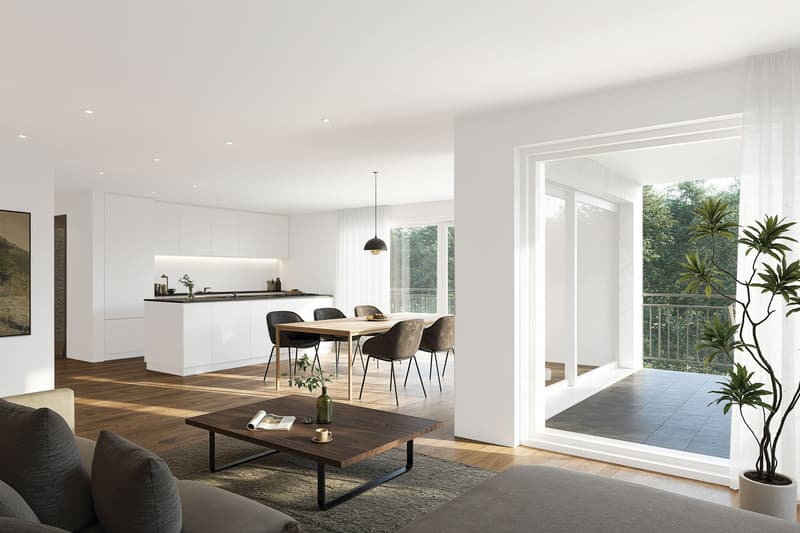 open floor plan, dining area, kitchen, living area, large windows, balcony