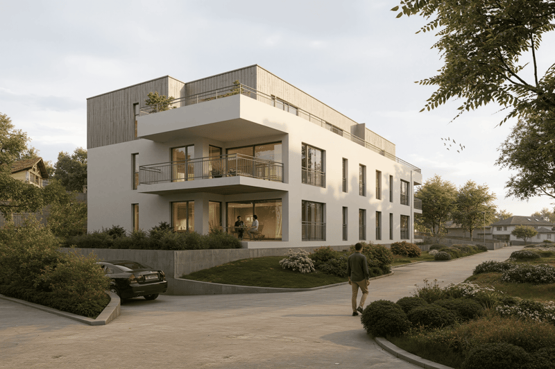 modern design, white exterior, multiple balconies, large windows, landscaped garden, driveway