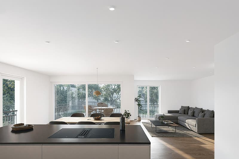 modern kitchen with dining area, large windows, balcony, living room with couch, coffee table, plants
