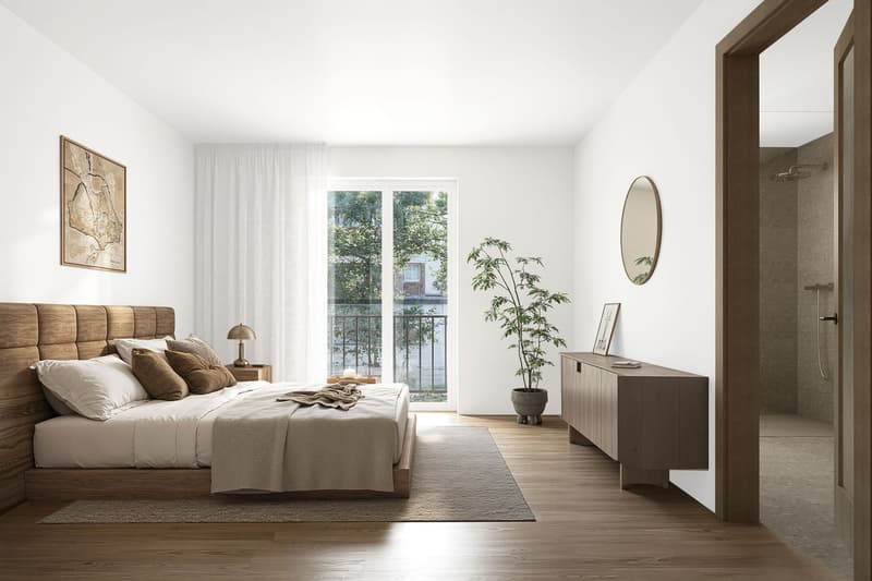 modern bedroom with wooden floor, white walls, bed, nightstand, lamp, rug, large window with balcony, potted plant, wooden cabinet, mirror