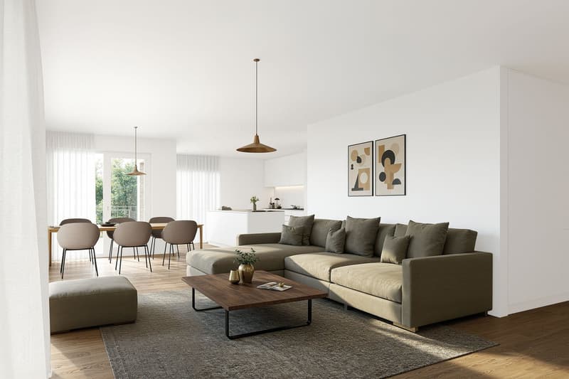 modern living room with white walls, wooden floor, large sofa, coffee table, dining table, chairs, pendant lights, white curtains, open kitchen, artwork