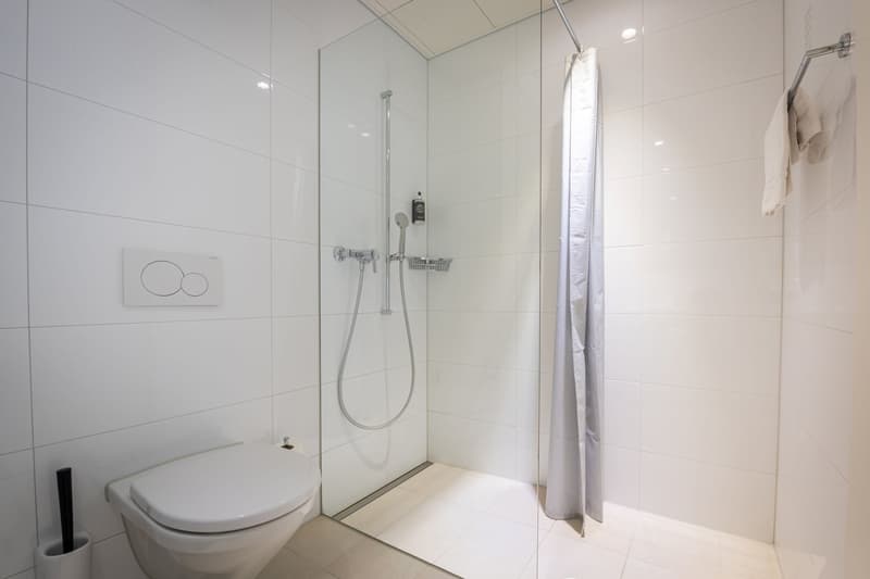 White tiled bathroom with a glass shower enclosure, toilet, and a towel rack. The bathroom appears to be clean and modern in design.