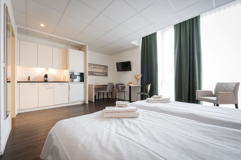 Spacious studio apartment with a kitchenette, dining area, and living space. The room features a large bed, a TV, and a seating area. The kitchenette is equipped with modern appliances including a dishwasher. The apartment has large windows providing ampl