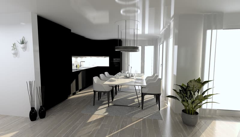White and black interior design, dining table, chairs, kitchen, plants, wooden floor