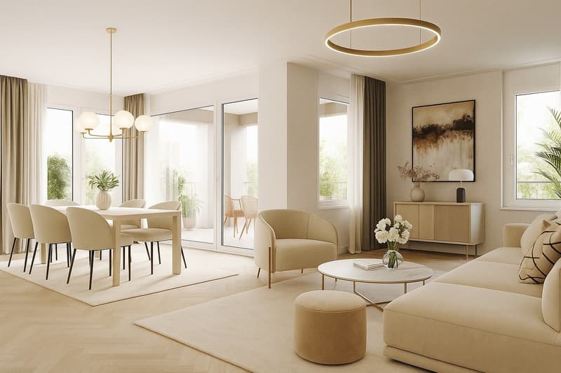 Modern interior with dining area, living area, and large windows