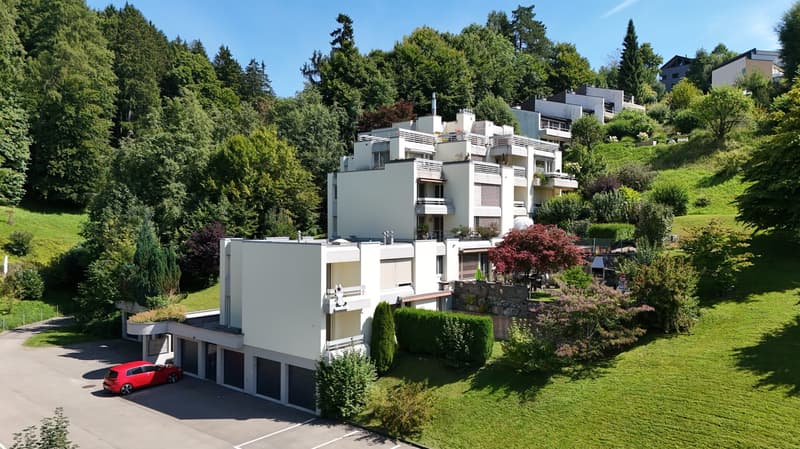 Apartment building, white color, multiple balconies, garage, parking place, raised ground floor, green lawn, surrounded by trees