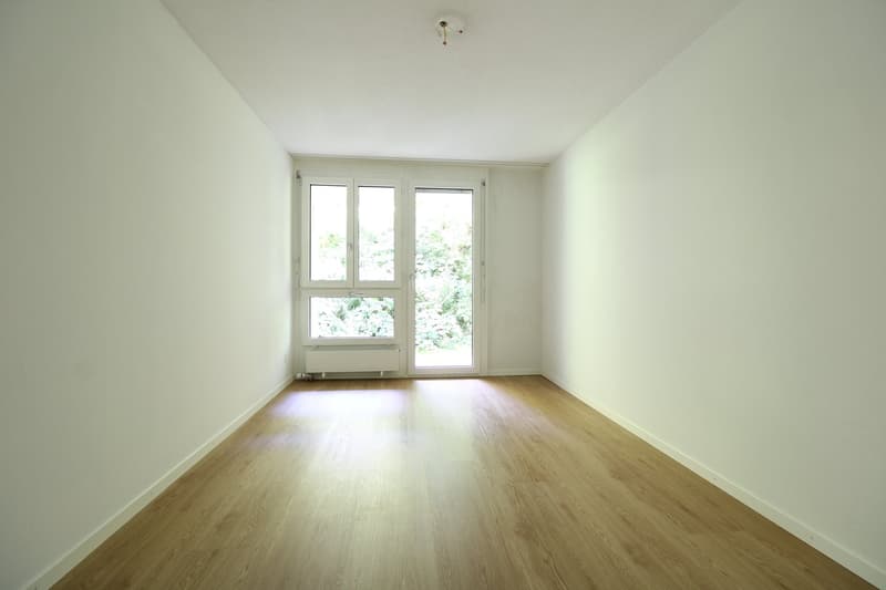 empty room, wooden floor, white walls, sliding glass door, window, radiator