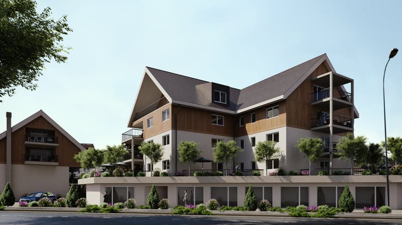 3 story apartment complex, brown roof, white and brown walls, balconies, 3 parking spots