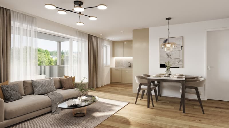 Contemporary living room with a gray sofa, side table, and a dining area with a table and chairs. There is a glass balcony with a railing and a view of trees.