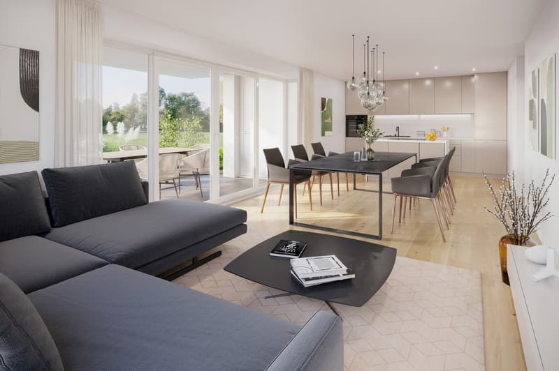 modern living room with large windows, gray sofa, black coffee table, dining table with chairs, kitchen with modern appliances, chandelier