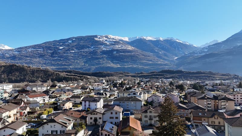Overview of a town with snow-covered mountains, small detached houses, and solar panels.