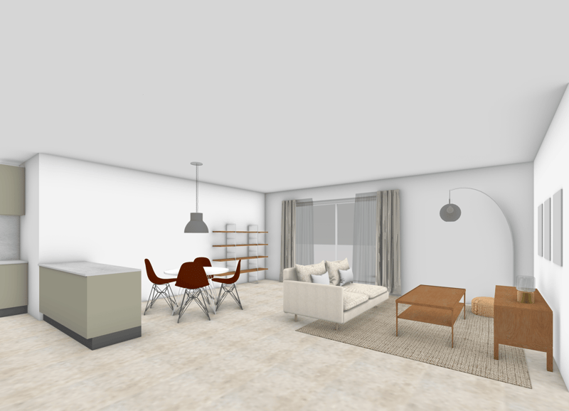Open plan living room and kitchen, dining area, couch, coffee table, rug, shelves, dining table and chairs