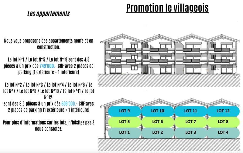 Floor plan of a residential building with multiple lots, each with 2 parking places (1 exterior and 1 interior)