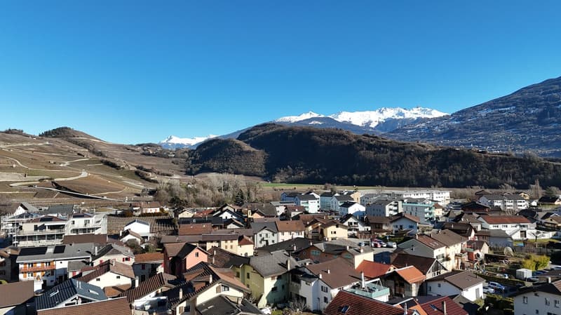 Aerial view of a town with many houses, surrounded by mountains and vineyards, clear blue sky
