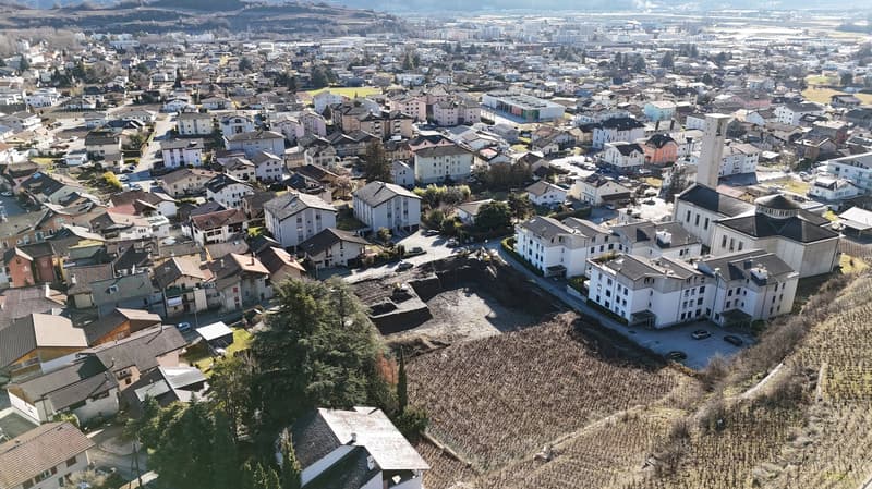 Aerial view of a town with many buildings, some with solar panels, surrounded by trees and fields, with a clear sky.