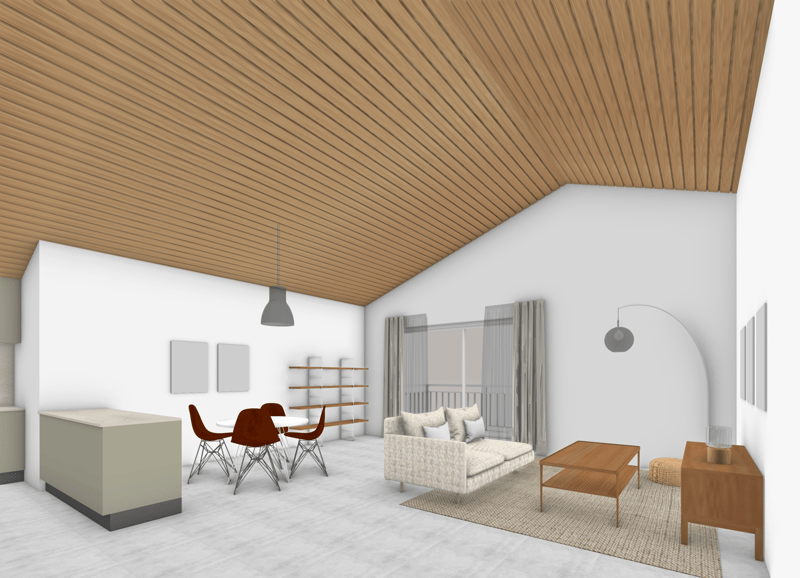modern living room with wooden ceiling, white walls, large windows, balcony, sofa, coffee table, dining table, chairs, shelves, kitchen counter, lamps