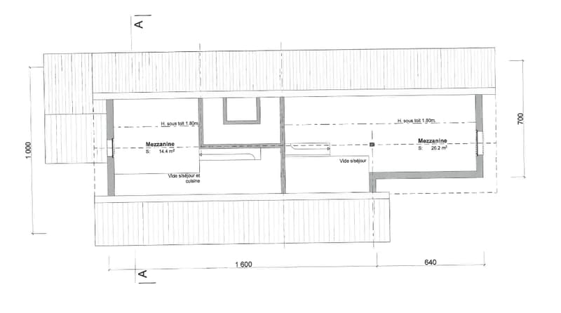 The floor plan shows a building with two mezzanine levels. The main level has a vide extérieur (exterior space) and a vide extérieur cuisine (exterior kitchen space). The two mezzanine levels are labeled as Mezzanine with areas of 14.4 m2 and 22.2 m2.