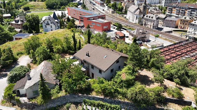 House on hillside, surrounded by trees, multiple other houses nearby, red railway building, large open green field, distant mountains