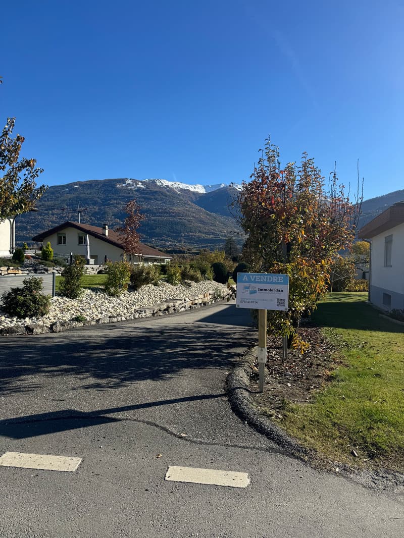 Road leading to a residential area with houses and mountains in the background.