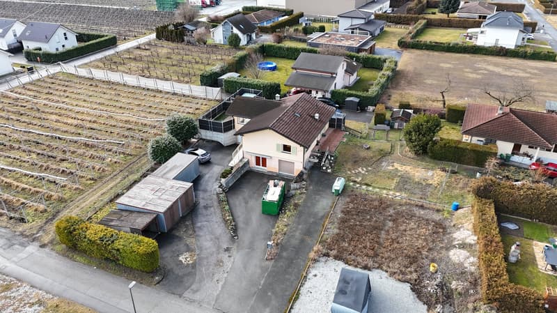 Detached houses, single-family homes, surrounded by fields, driveway, detached garages, small garden