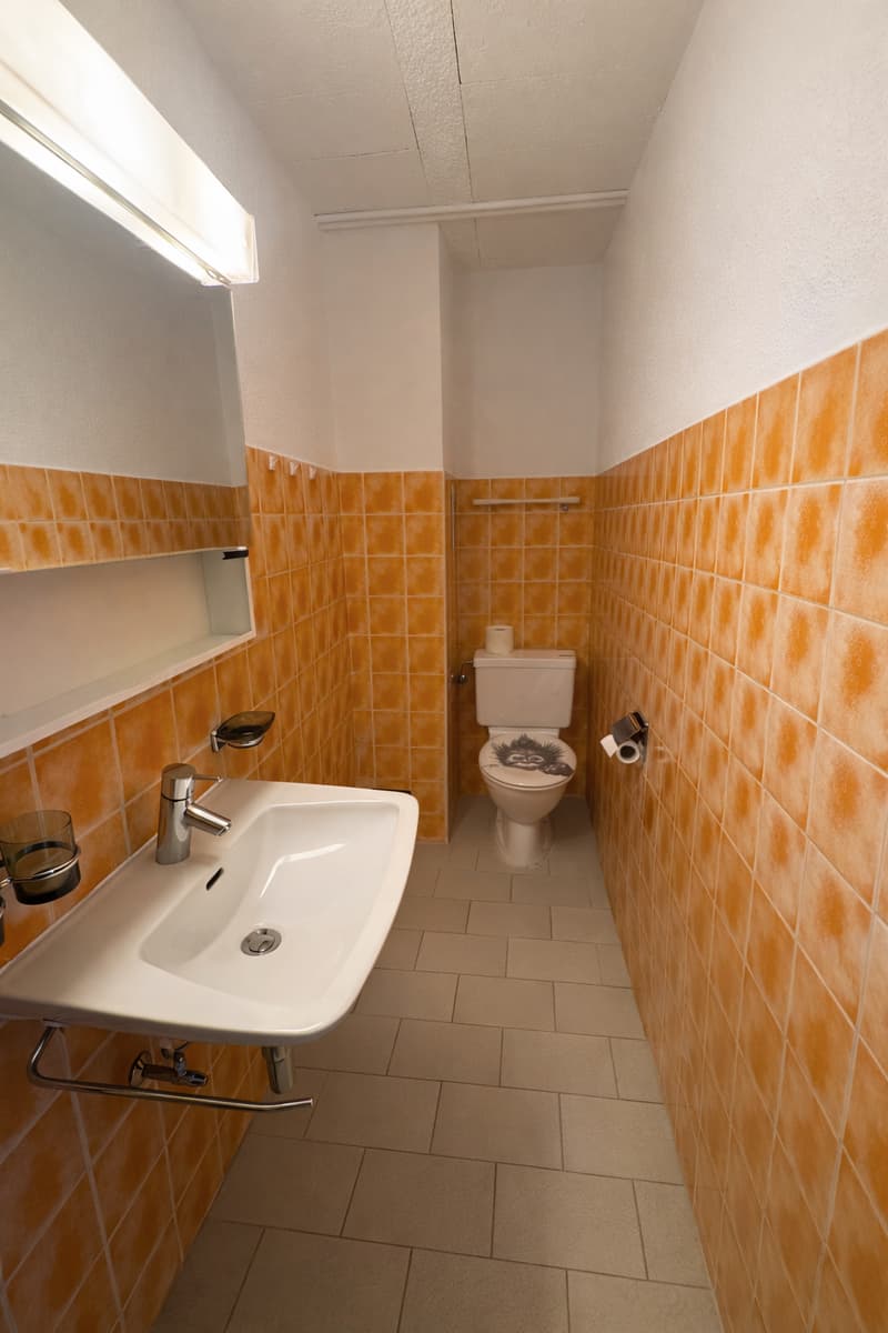 Bathroom with yellow tiles, sink, mirror, toilet, roll of toilet paper, soap dispenser