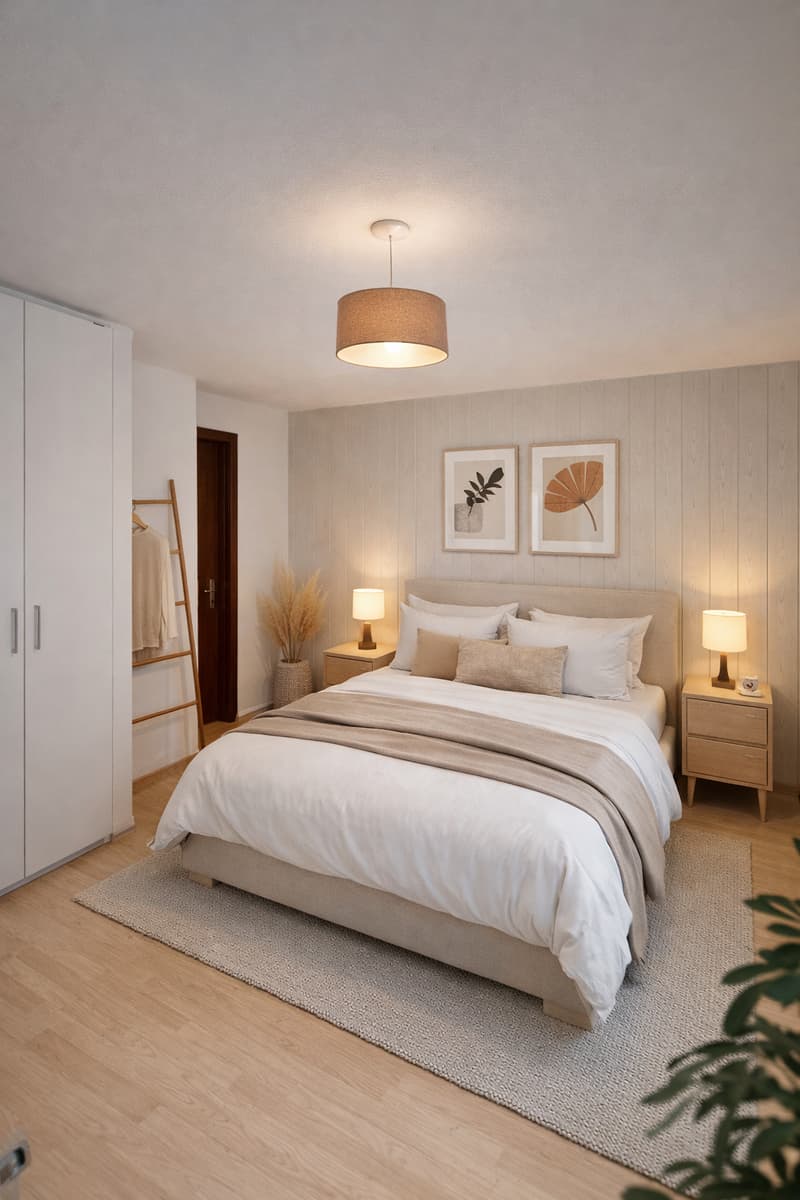large bed, nightstands, lamps, wall art, floor lamp, closet, hanging ladder, rug, plant