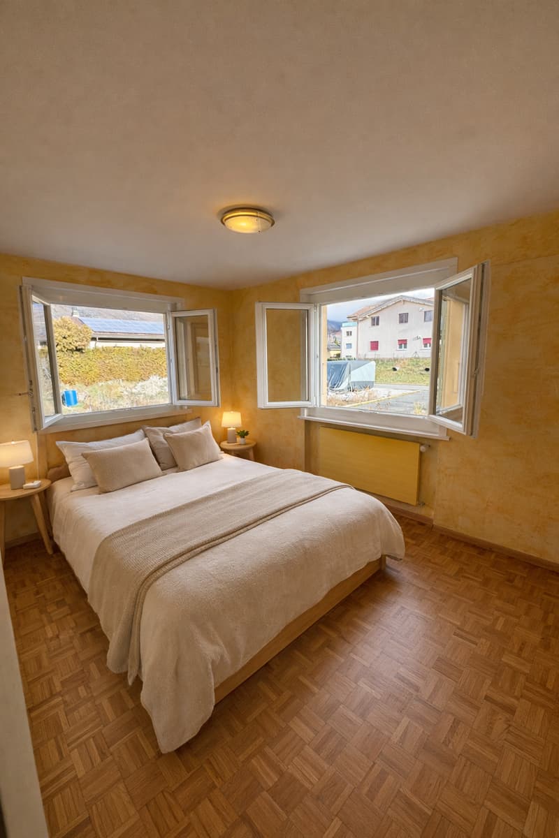 king size bed, pillows, night tables, lamps, open windows, parquet floor