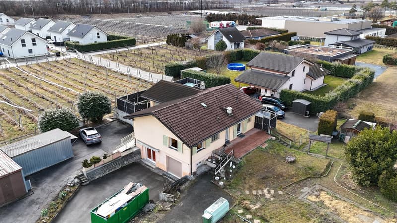 Detached house with brown roof, 3 windows, parking place, swimming pool in the garden