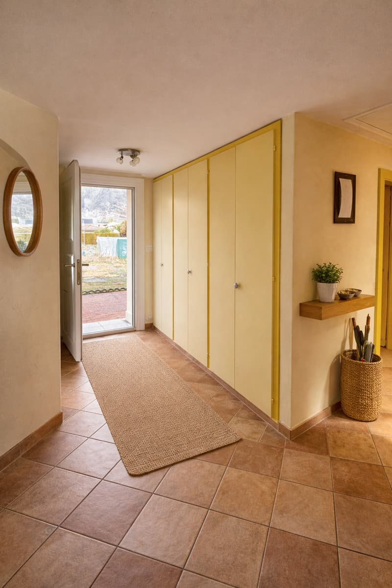 Entrance hall with beige carpet, yellow walls, row of storage cabinets, mirror, wooden shelf, and wicker basket