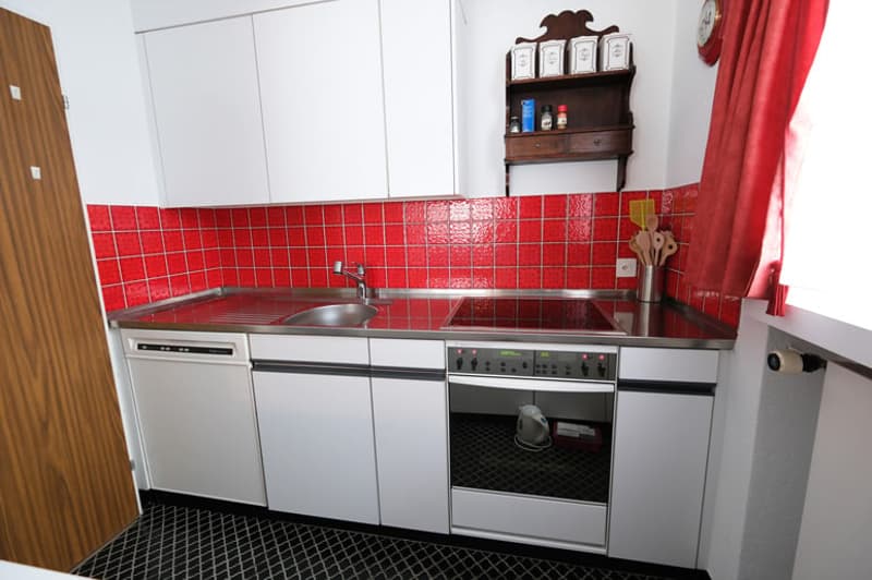 modern kitchen with white cabinets, red tiles, stainless steel sink, electric stove, dishwasher, oven