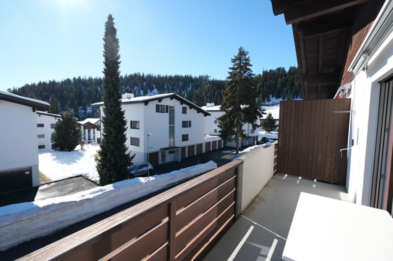 balcony, snow, trees, mountains, white house