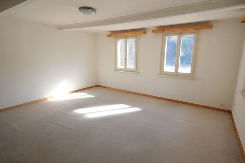 empty room, white walls, wooden floor, two windows, ceiling light