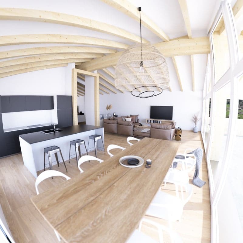 open-plan living and dining area, wooden ceiling, large windows, kitchen island, dining table, living room with sofa and TV