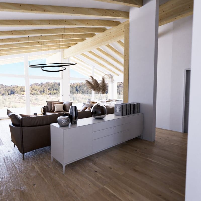 modern living room with wooden floor, large windows, wooden beams, brown sofa, white cabinet, decorative items