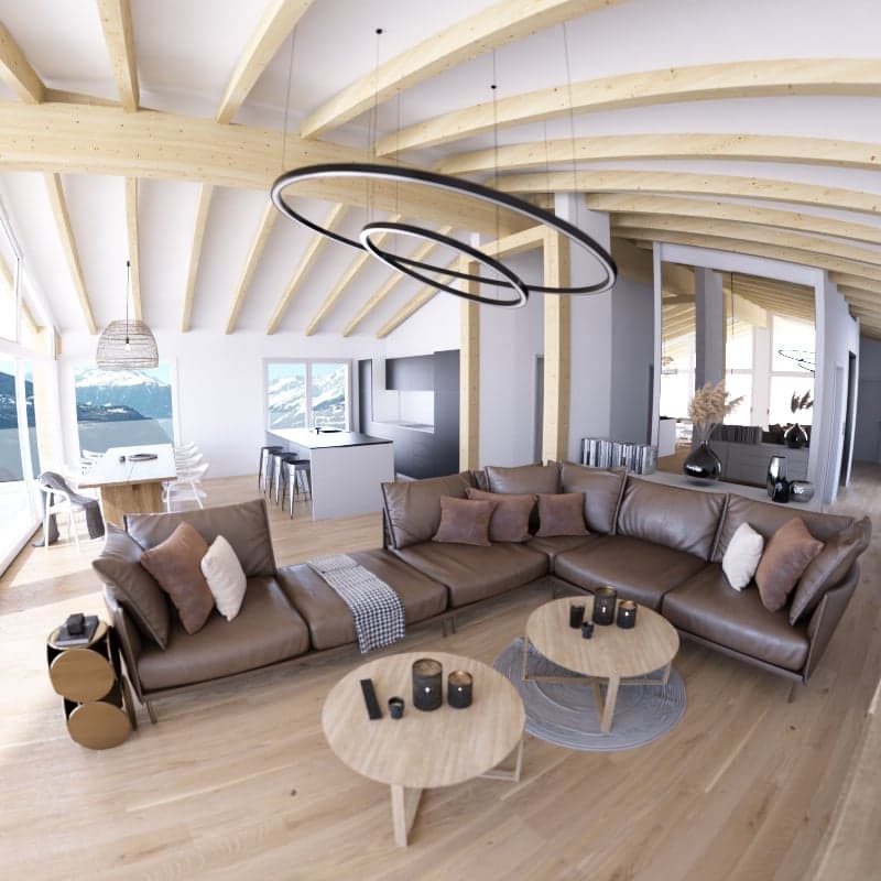 large open space, wooden floor, wooden beams, large windows, brown leather sofa, wooden coffee tables, fireplace