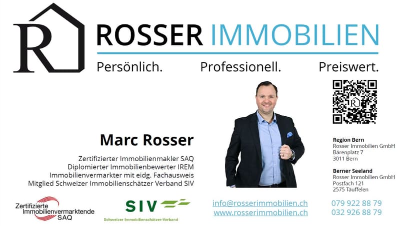 Advertisement for Marc Rosser, Immobilienmakler, Immobilienvermarkter, Immobilienbewerter with QR code, phone number, email and address