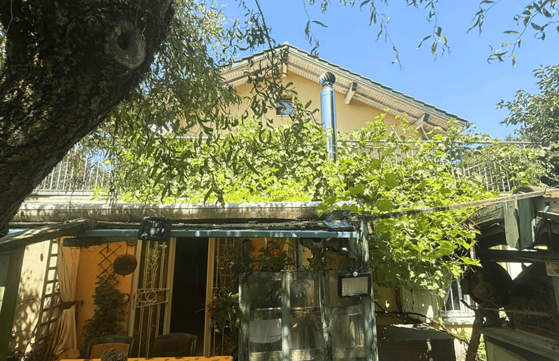 yellow house, balcony with greenery, awning, plants and trees around, metal door, metal structure