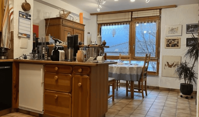 Open kitchen with dining area, kitchen cabinets, large kitchen island, dining table with chairs, window with curtains, plants, appliances and utensils