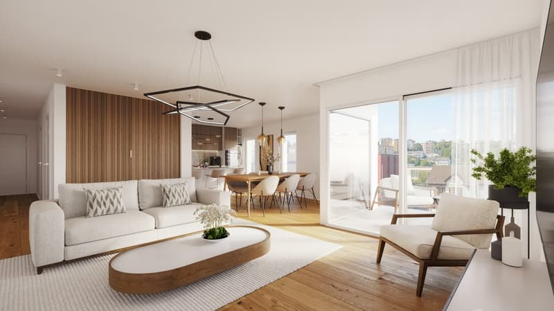 white couch, round table, armchair, wooden floors, large windows