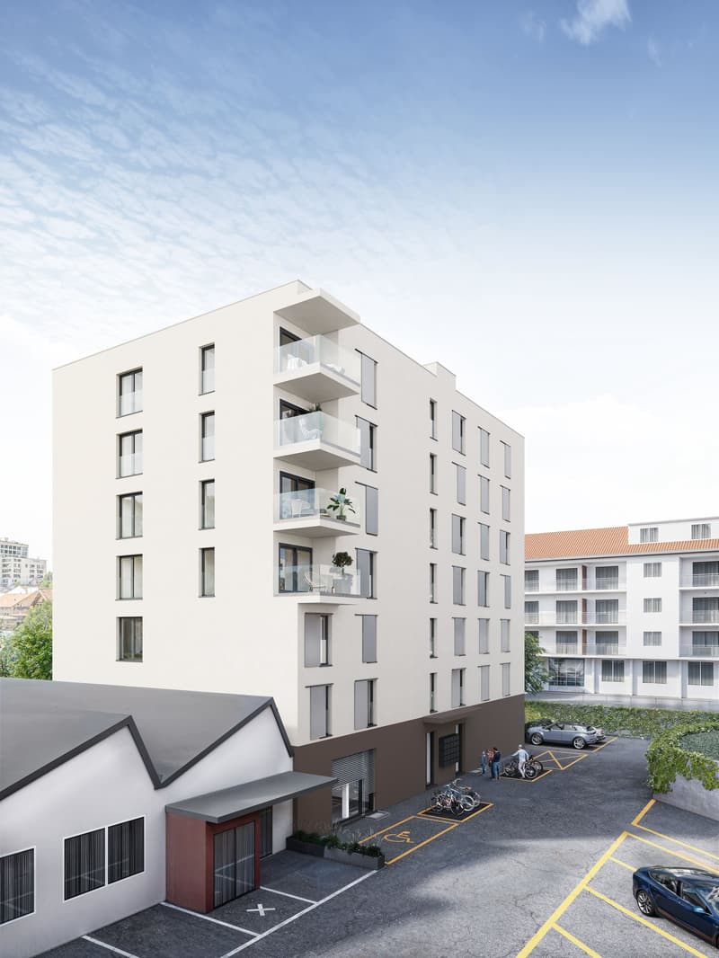 modern residential building, 6 stories, glass balconies, parking area